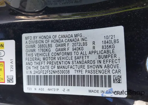 2022 Honda Civic Sport from USA, damaged, VIN 2HGFE2F52NH539038